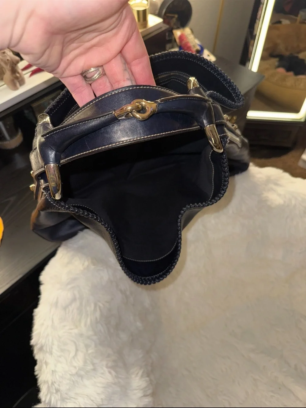 Gucci Navy Blue Horsebit Hobo Women’s Leather Hobo Bag with Gold Tone Hardware